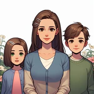 Modern Animated Style: Mother with Brown Hair & Eyes, Kids in Flower Garden