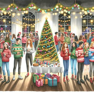 Christmas Party Watercolor Painting of Diverse Students