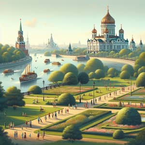 Tranquil Day in Moscow: Serene Park, Majestic Cathedral, and River Views