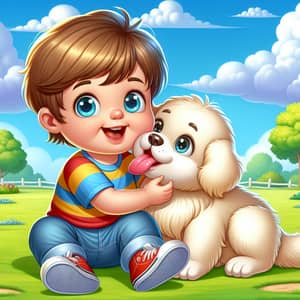 Joyful Toddler Cartoon with Golden Retriever | Heartwarming Scene