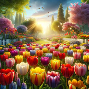 Vibrant Tulip Garden View | Colorful Bloom & Sunlit Scene