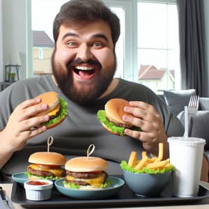 Joyful Eating: A Man Enjoys Delicious Hamburgers