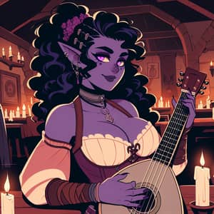 Plump Tiefling Rogue Strumming Lute in Dimly Lit Tavern