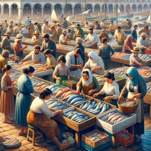 Diverse Fish Market Scene with Vibrant Atmosphere