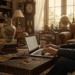 Man Using Laptop in Antique Living Room