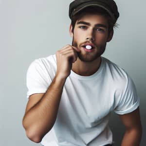 Casually Dressed Young Man with Beard and Cap | White T-shirt & Blue Jeans