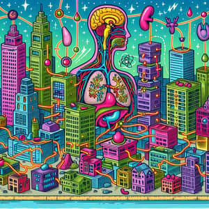 Vibrant Endocrine System Cityscape: Glands & Hormone Pathways