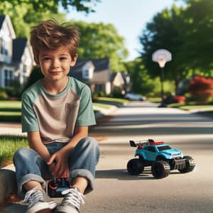 Young Boy in Casual Clothes Enjoying Sunny Day in Suburban Neighborhood