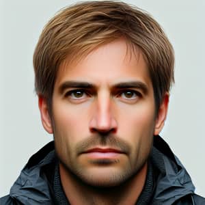 39-Year-Old Caucasian Man with Brown Hair and Stubble in Black Raincoat