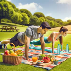 Outdoor Fitness Scene at Park with Healthy Picnic Setup