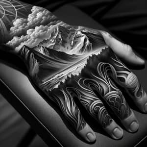 8k Black and White Hand Tattoo: Mountain Landscape & Oregon Coast Elements