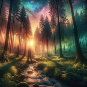 Tranquil Sunset Forest Scene: Serene Beauty of Nature