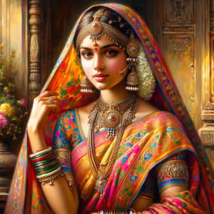 Vibrant Saree in Traditional Indian Setting | Raja Ravi Varma Style