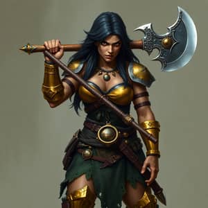 Female Orc Barbarian with Greataxe and Gold Bracers