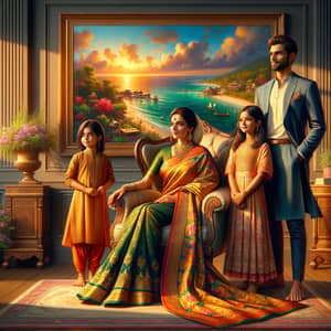 Indian Family Portrait - Mother, Son & Daughter in Vibrant Room Setting