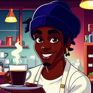 Dark-skinned Beanie-Wearing Aladdin Barista Cartoon