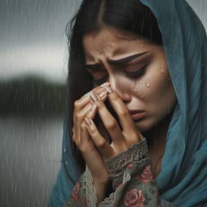 Heartbroken South Asian Woman Crying Under Rainy Sky