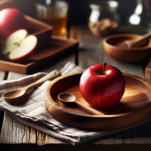 Ripe Red Apple on Wooden Table - Fresh and Juicy Fruits