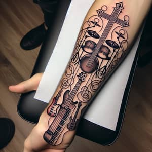 Vibrant Thin Line Tattoo of Musical Instruments