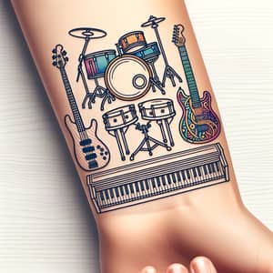 Colorful Thin-Line Musical Instrument Tattoos