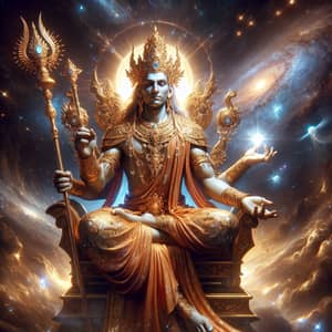 Divine Deity on Golden Throne in Celestial Galaxy