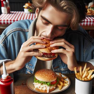 Enjoying a Succulent Cheeseburger with Fries and Coleslaw