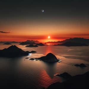 Captivating Sunset Over Sea and Mountains with Moonlit Island