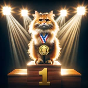 Proud Number 1 Tabby Cat on Shiny Podium