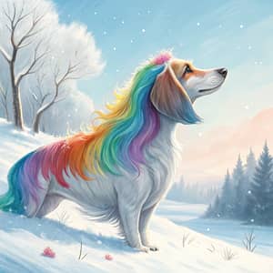 Whimsical Dog with Rainbow Hair in Winter Wonderland