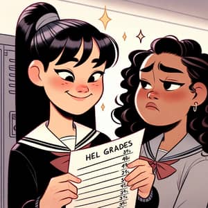 Schoolgirls Illustration: Joy vs Jealousy in Grades Comparison