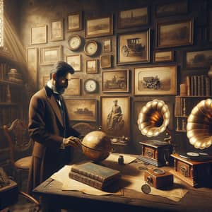 Historical Vintage Scene: South Asian Man in Victorian Suit Examining Antique Globe