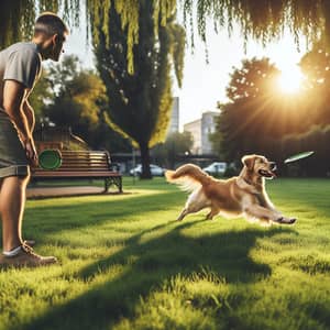 Golden Retriever Fetching Training in Park at Sunset