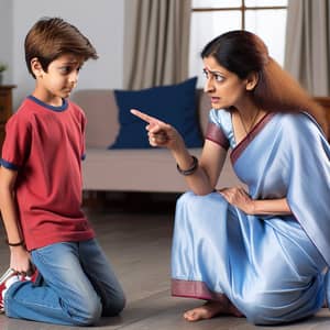 Disobedient Son and Concerned Mother in Living Room