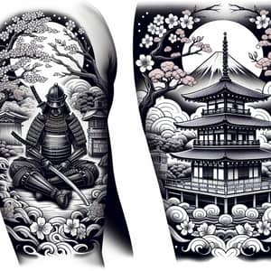 Japanese Samurai Tattoo Design with Cherry Blossom Tree and Temple