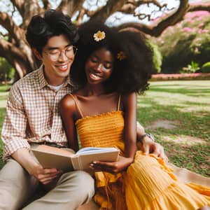 Serene Afternoon in Lush Green Park with East Asian Man and Black Woman