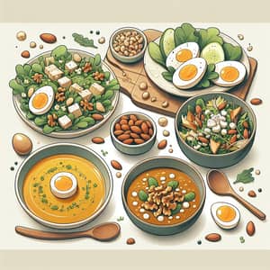 Nordic Style Meal Setting: Scrambled Eggs, Chicken Salad, Nuts & Bean Soup