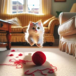 Playful Cat with White Fur and Green Eyes in Cozy Living Room