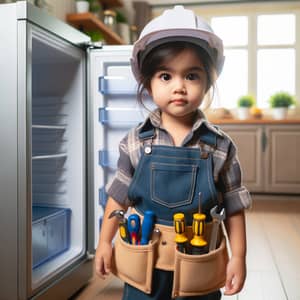 Determined South Asian Girl Repairs Home Refrigerator | Mini Engineer Uniform