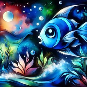 Whimsical Blue Fish Swimming Towards the Moon