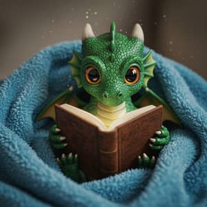 Baby Dragon Reading a Book in a Cozy Blanket