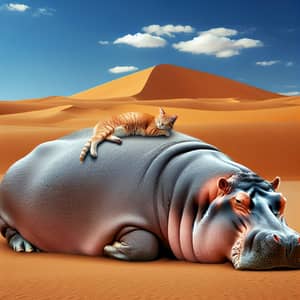 Cat Sleeping on Hippo in Desert: A Surreal Scene