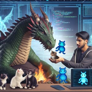 South Asian Programmer Feeding Dragon Playful Kittens & Digital Bugs