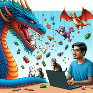 South Asian Programmer Feeding Mythical Dragon with Kittens & Virtual Bugs