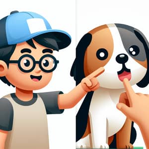 Cartoon Asian Male with Dog | Playful Interaction