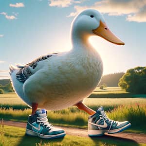 Giant Duck Walking in Serene Field | Stylish Basketball Sneakers