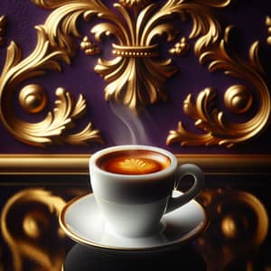 Delicate Espresso Coffee in White Cup with Steam on Royal Purple Background