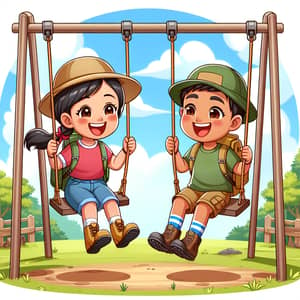 Joyful Children Playing on Swing Set in Camping Attire