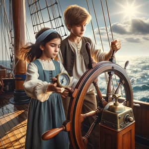 Adventurous Boy and Girl Sailing Team on Vast Ocean | Compass and Ship