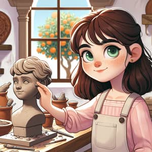 Andalusian Craft Workshop: Girl Sculpting Clay Bust in Artisan Setting