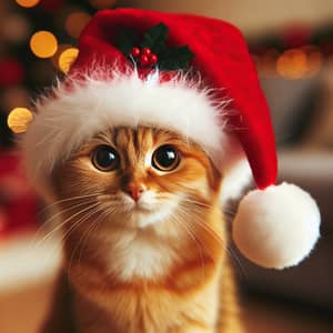 Festive Christmas Cat in Red Hat | Ginger Short-Hair Breed